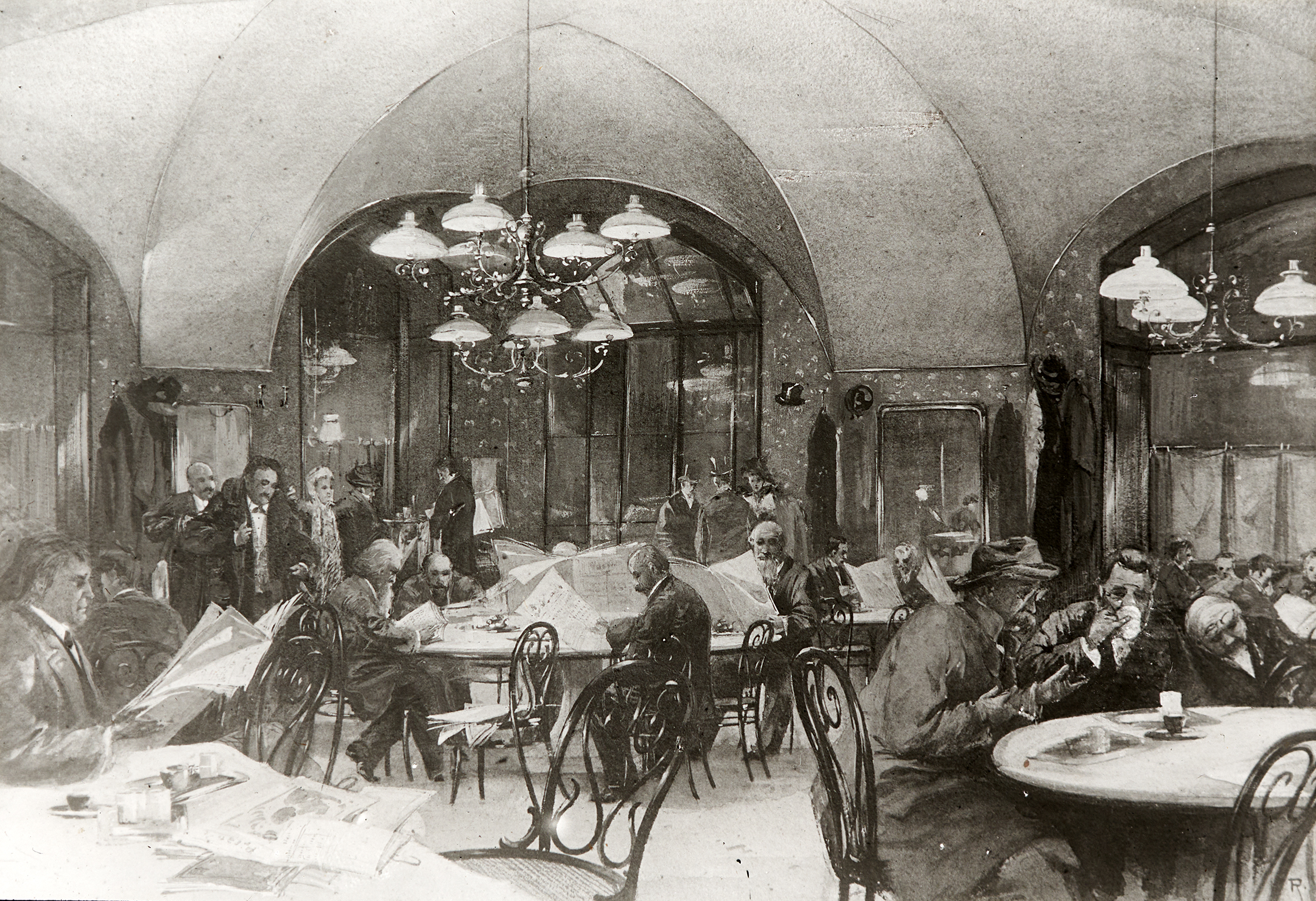 Zeitunglesen im Café (Glasdia)
